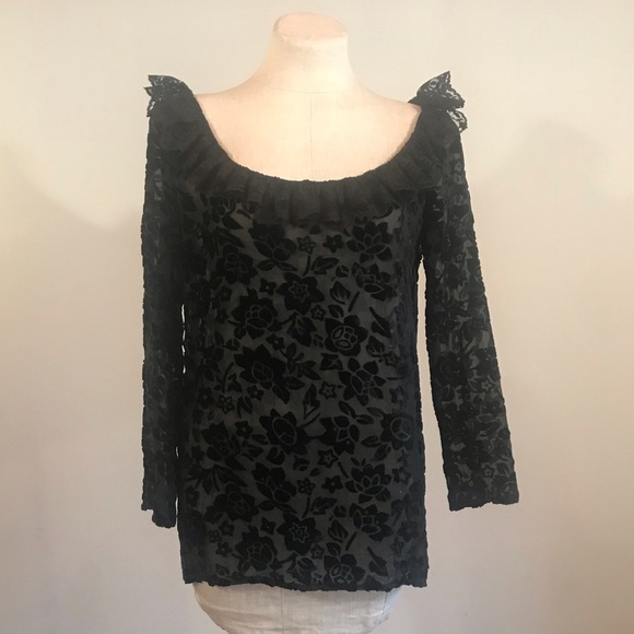 Vintage 90s Velvet Burn-out Lace Ruffle Off the Shoulder Top